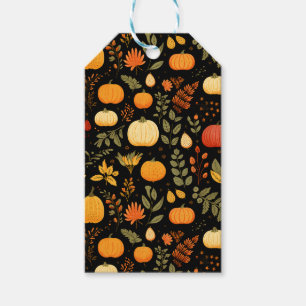 Pumpkin Pear Foliage Fall Harvest Pattern Black Gift Tags