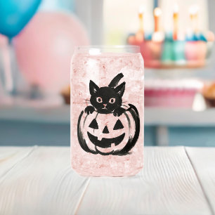 Pumpkin Peek – Black Cat Halloween Design on Can Glass