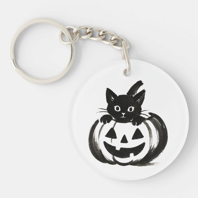Pumpkin Peek – Black Cat Halloween Design on  Keychain (Front)