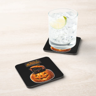 Pumpkin peeking kitty whimsical happy Halloween Coaster