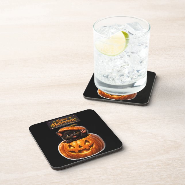 Pumpkin peeking kitty whimsical happy Halloween Coaster (Right Side)