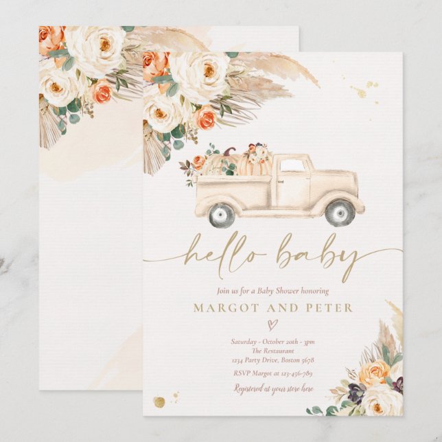 Pumpkin Pickup Truck Gender Neutral Baby Shower Invitation (Front/Back)