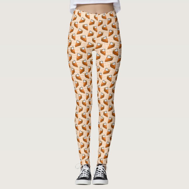 Pumpkin Pie on Orange Gingham Novelty Thanksgiving Leggings (Front)