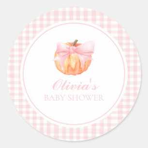 Pumpkin Pink bow and gingham baby shower Classic Round Sticker