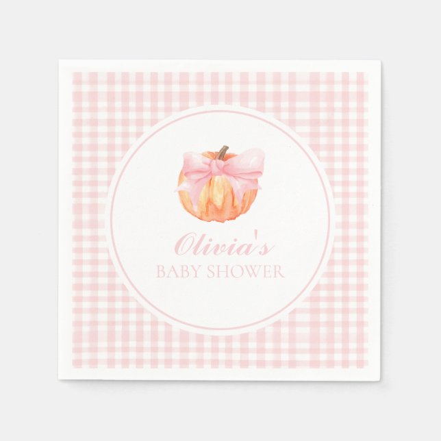 Pumpkin Pink bow and gingham baby shower Napkin (Front)