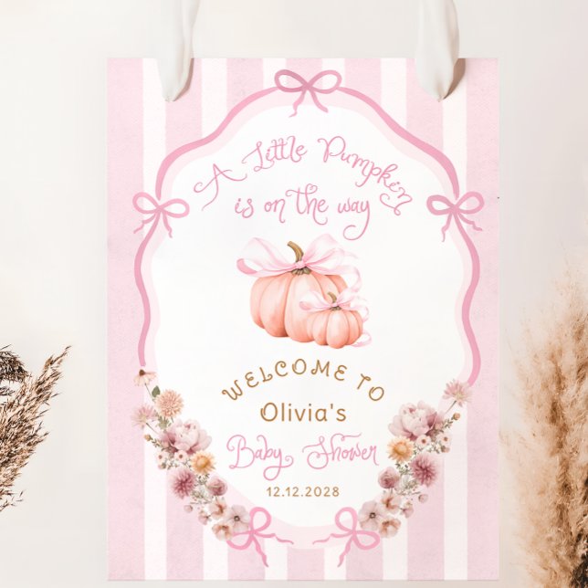 Pumpkin Pink Bow Fall Floral Baby Shower Welcome Poster (Creator Uploaded)