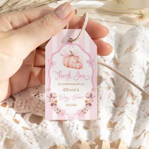 Pumpkin Pink Bow Floral Baby Shower Thank You Gift Tags