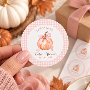 Pumpkin pink bow gingham baby shower  classic round sticker