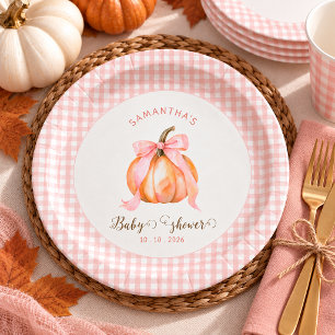Pumpkin pink bow gingham baby shower paper plate