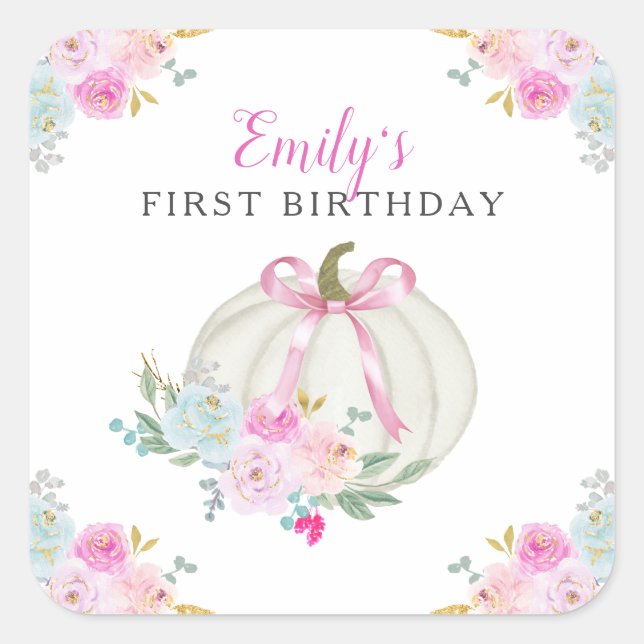 Pumpkin Pink Bow Girls First Birthday Square Sticker (Front)