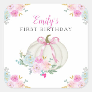 Pumpkin Pink Bow Girls First Birthday Square Sticker