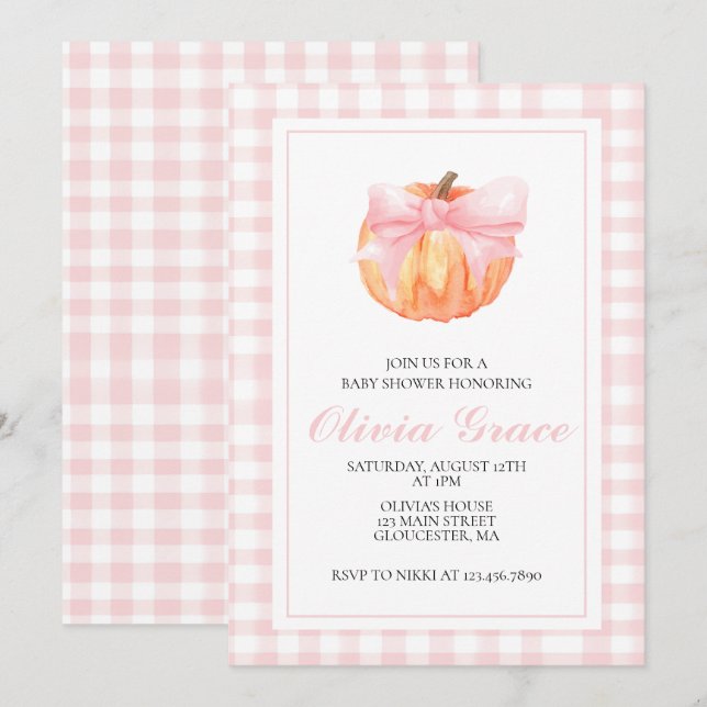 Pumpkin Pink bow Plaid baby shower Invitation (Front/Back)