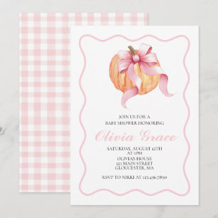 Pumpkin Pink bow Plaid baby shower Invitation