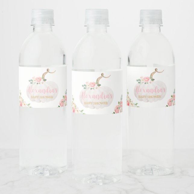 Pumpkin Pink Floral Baby Shower  Water Bottle Label (Bottles)