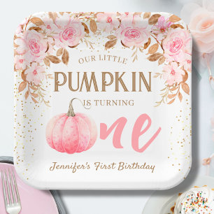 Pumpkin Pink & Gold Girl Floral Fall  1st Birthday Paper Plate