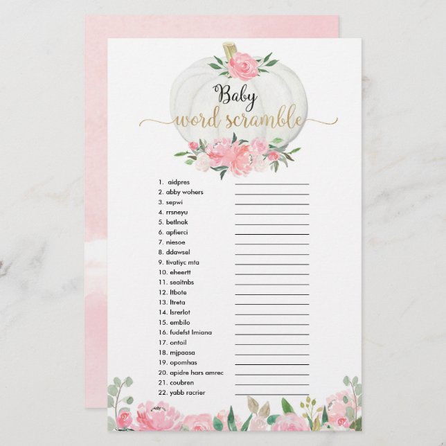 Pumpkin pink greenery Baby word scramble shower (Front/Back)