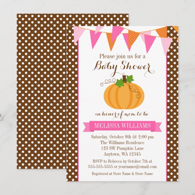 Pumpkin Polka Dot Bunting Girl Fall Baby Shower Invitation (Front/Back)