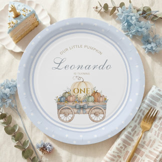 Pumpkin Polka Dot First Birthday Blue Boy Paper Plate
