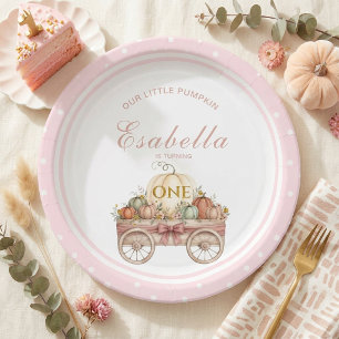 Pumpkin Polka Dot First Birthday Pink Girl Paper Plate