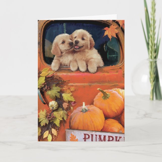 Pumpkin Puppies - Truck - Thanksgiving Card (Front)