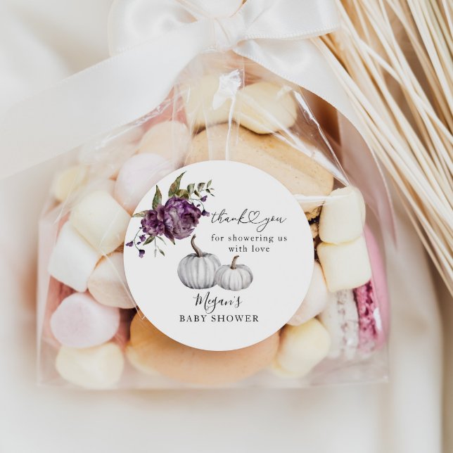 Pumpkin Purple Floral Baby Shower Favour Classic Round Sticker (Creator Uploaded)