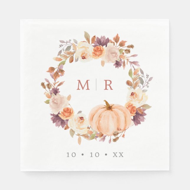 Pumpkin & Purple Floral Wreath Monogram Wedding Napkin (Front)