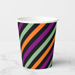 Pumpkin, Purple, Green and Black Diagonal Stripes Paper Cups