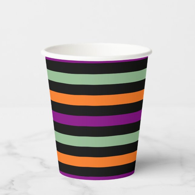 Pumpkin, Purple, Green and Black Horiz. Stripes Paper Cups (Front)