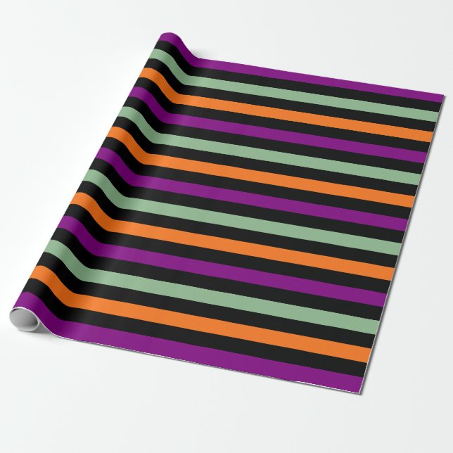 Pumpkin, Purple, Green and Black Horiz. Stripes Wrapping Paper (Unrolled)