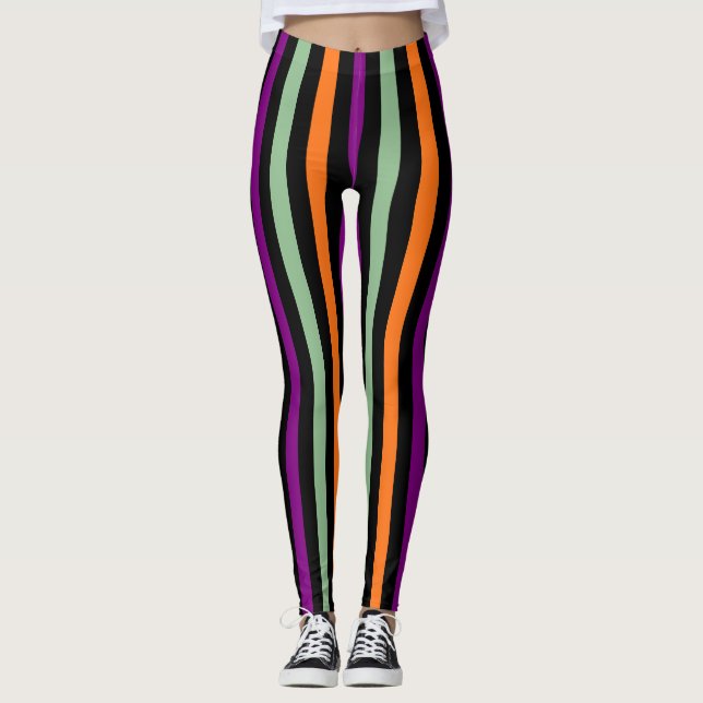 Pumpkin, Purple, Green and Black Vert. Stripes Leggings (Front)