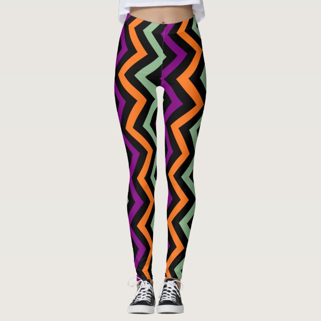 Pumpkin, Purple, Green and Black Vertical Chevron Leggings (Front)