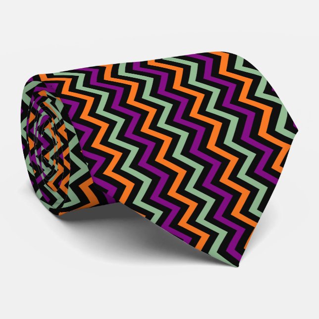 Pumpkin, Purple, Green and Black Vertical Chevron Tie (Rolled)
