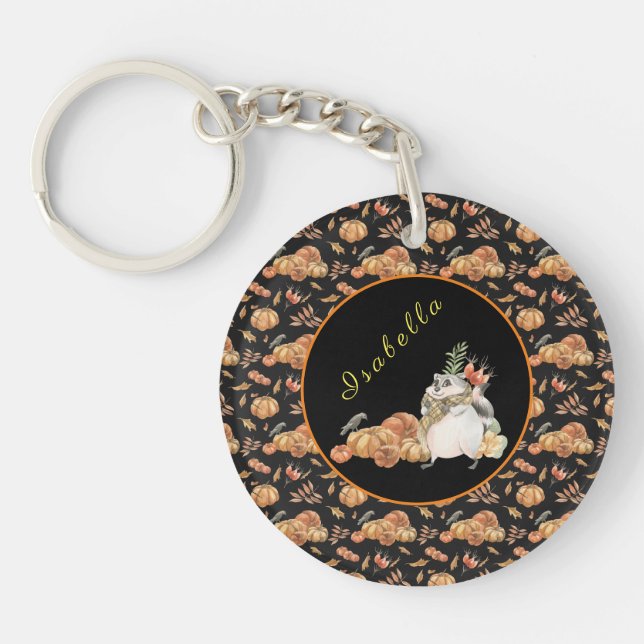 Pumpkin Raccoon Customize Text and Colour Keychain (Front)