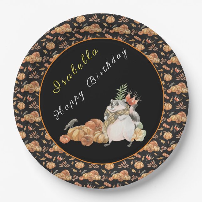 Pumpkin Raccoon Customize Text and Colour Paper Plate (Front)