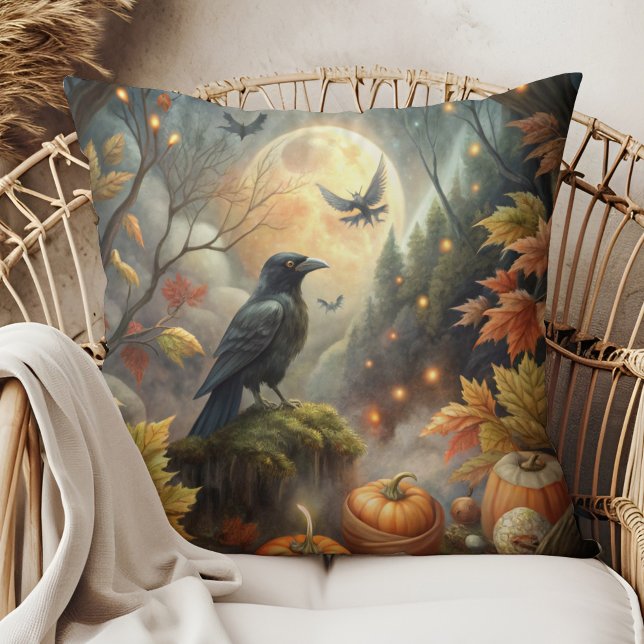Pumpkin Raven Autumn Art - Witchy Forest Design Throw Pillow (Pumpkin Raven Autumn Art - Witchy Forest Design Throw Pillow on a boho rattan armchair.)