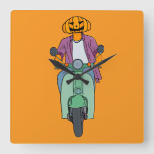 Pumpkin Rider on Mint Scooter Square Wall Clock