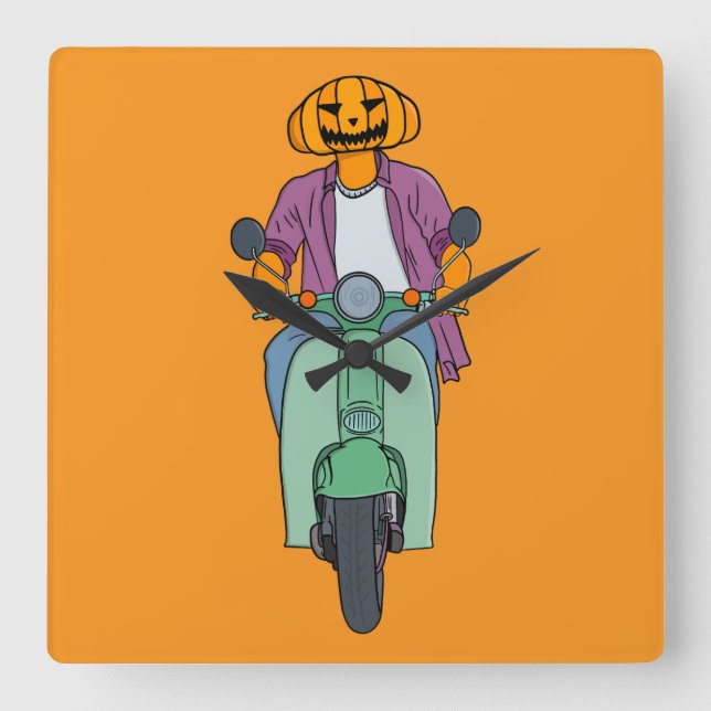 Pumpkin Rider on Mint Scooter Square Wall Clock (Front)
