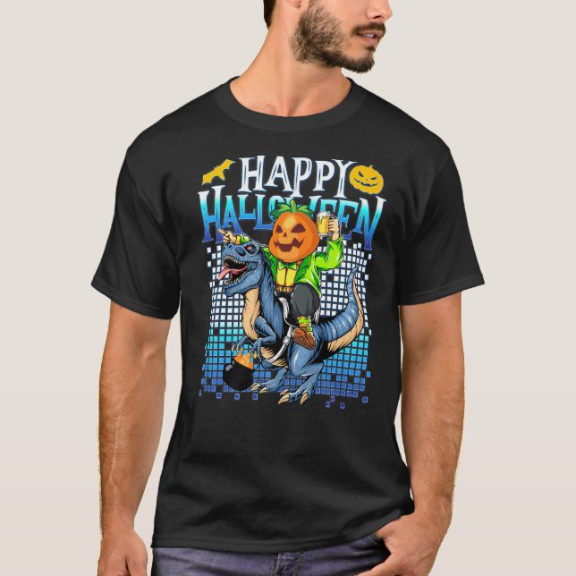 Pumpkin Riding A Trex Having Beer Halloween Costum T-Shirt (Front)