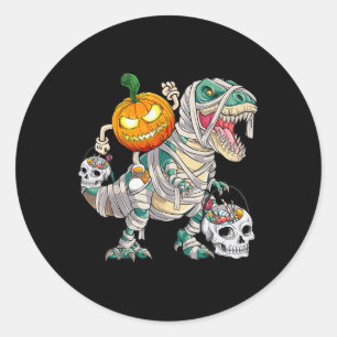 Pumpkin Riding Mummy Dinosaur T Rex Halloween Fun Classic Round Sticker
