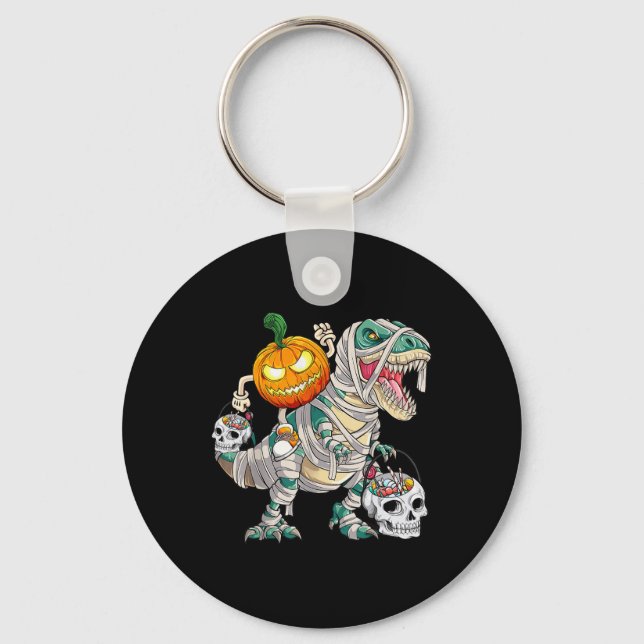 Pumpkin Riding Mummy Dinosaur T Rex Halloween Fun  Keychain (Front)