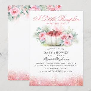 Pumpkin Rose Gold Glittered Fall Baby Shower Invitation
