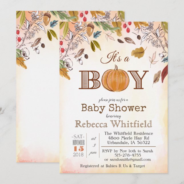 Pumpkin Rustic Leaves Wood Baby Shower Invitation (Front/Back)
