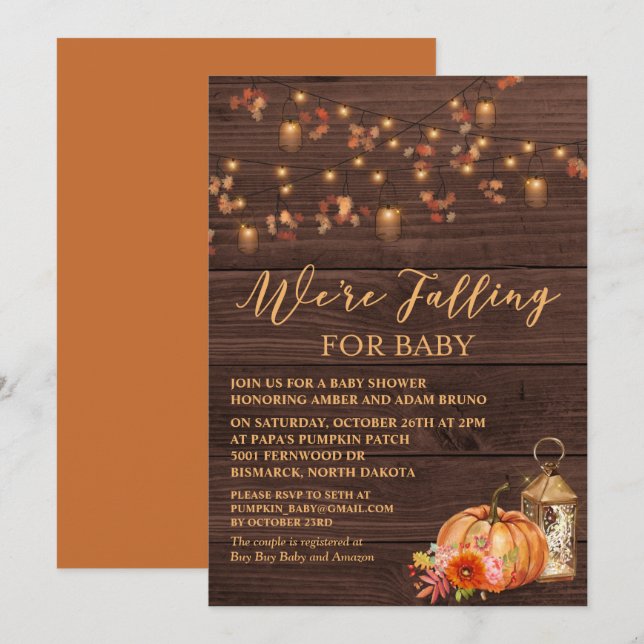 Pumpkin Rustic Leaves Wood Baby Shower Invitation (Front/Back)