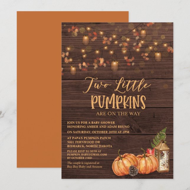 Pumpkin Rustic Twin Baby Shower Invitation (Front/Back)