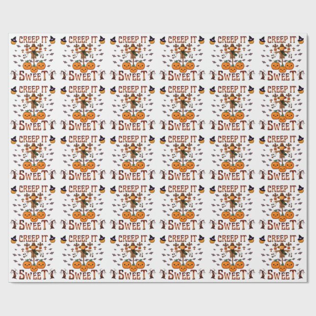 Pumpkin scarecrow kawaii halloween autumn art wrapping paper (Flat)