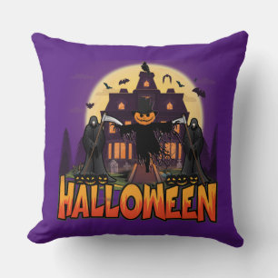 Pumpkin Scary House, Halloween Throw Pillow