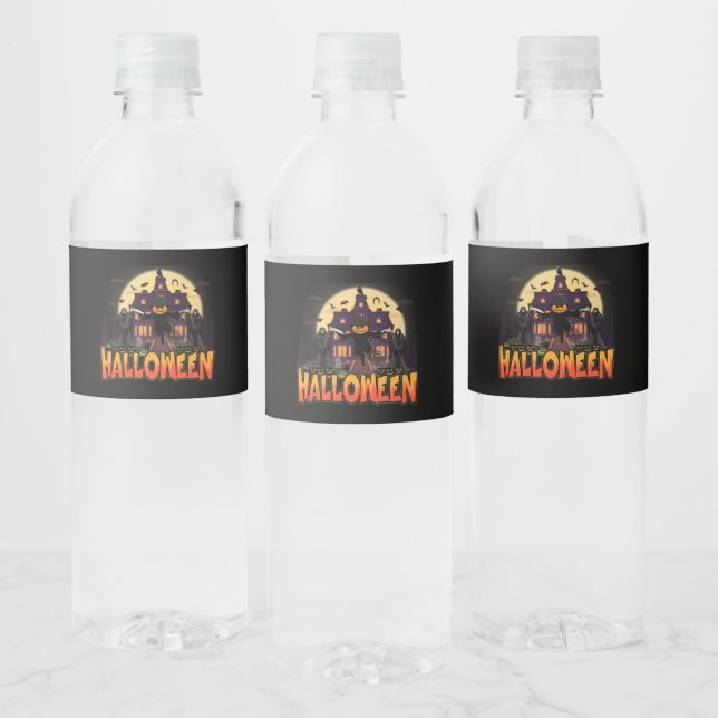 Pumpkin Scary House, Halloween Water Bottle Label (Bottles)