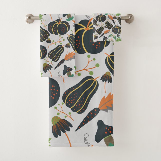 Pumpkin seamless pattern carrot black and white bath towel set (Insitu)