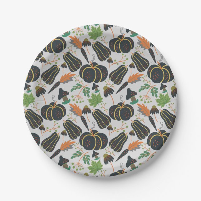 Pumpkin seamless pattern carrot black and white paper plate (Front)