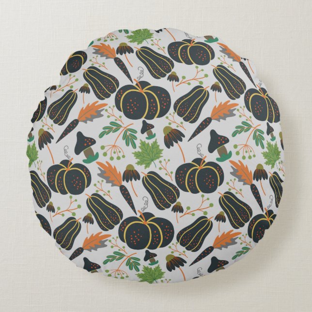 Pumpkin seamless pattern carrot black and white round pillow (Front)